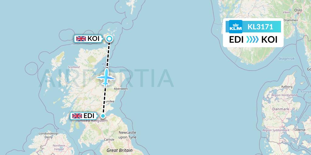 KL3171 KLM Flight Map: Edinburgh to Kirkwall