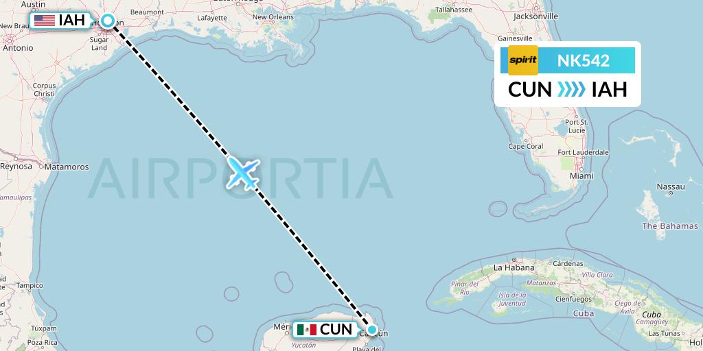 NK542 Spirit Airlines Flight Map: Cancun to Houston