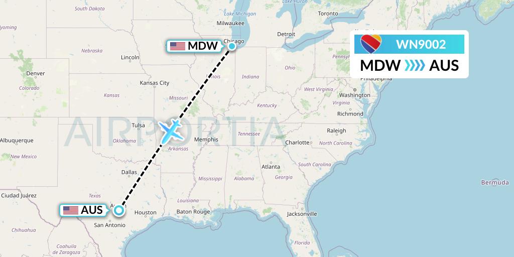 WN9002 Southwest Airlines Flight Map: Chicago to Austin
