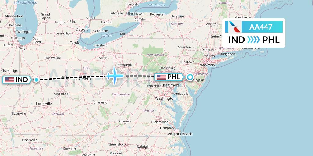AA447 American Airlines Flight Map: Indianapolis to Philadelphia