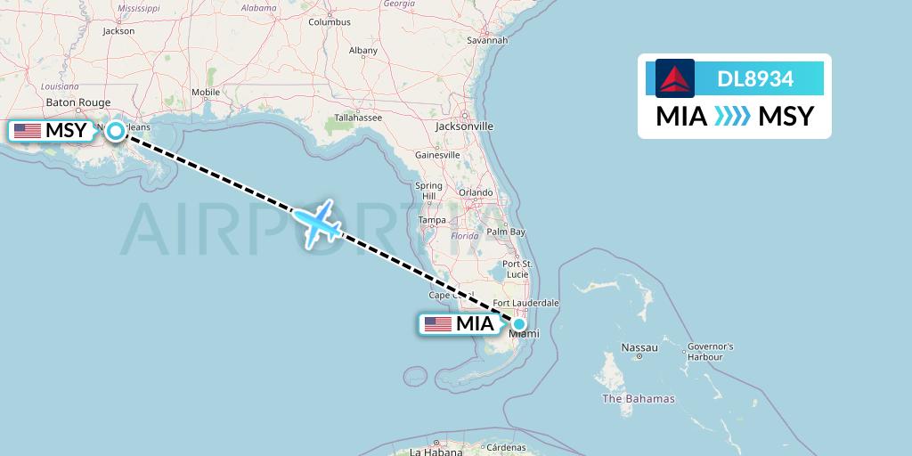 DL8934 Delta Air Lines Flight Map: Miami to New Orleans