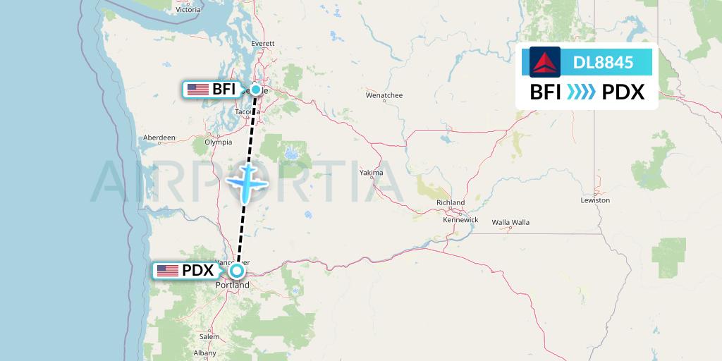 DL8845 Delta Air Lines Flight Map: Seattle to Portland