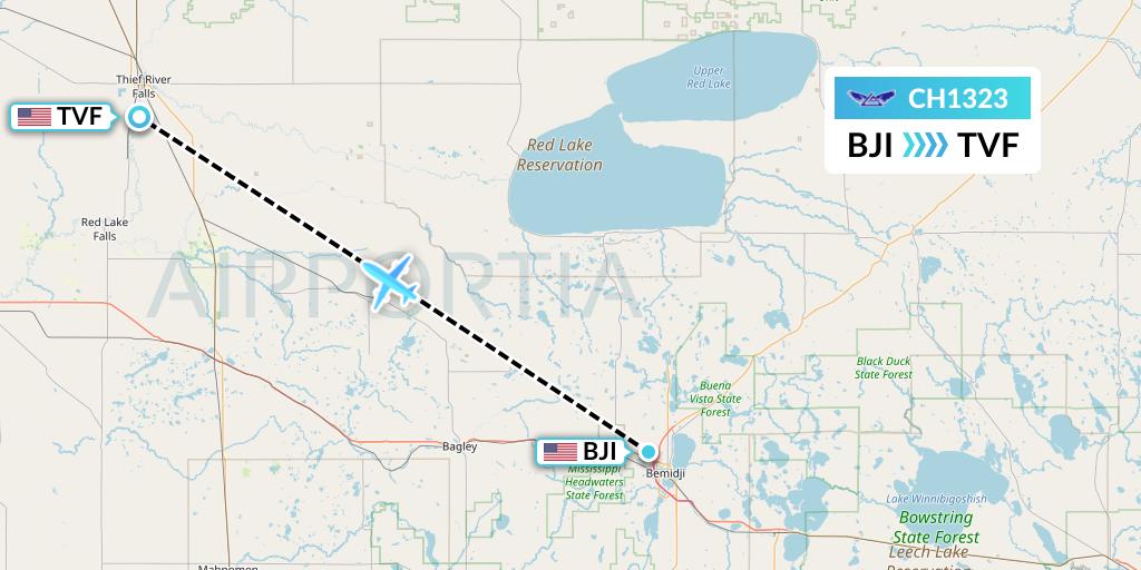 CH1323 Bemidji Airlines Flight Map: Bemidji to Thief River Falls