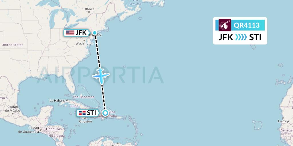 QR4113 Qatar Airways Flight Map: New York to Santiago de los Caballeros