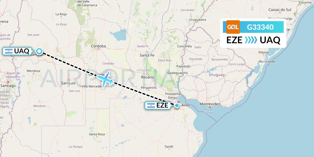 G33340 GOL Transportes Aeros Flight Map: Buenos Aires to San Juan