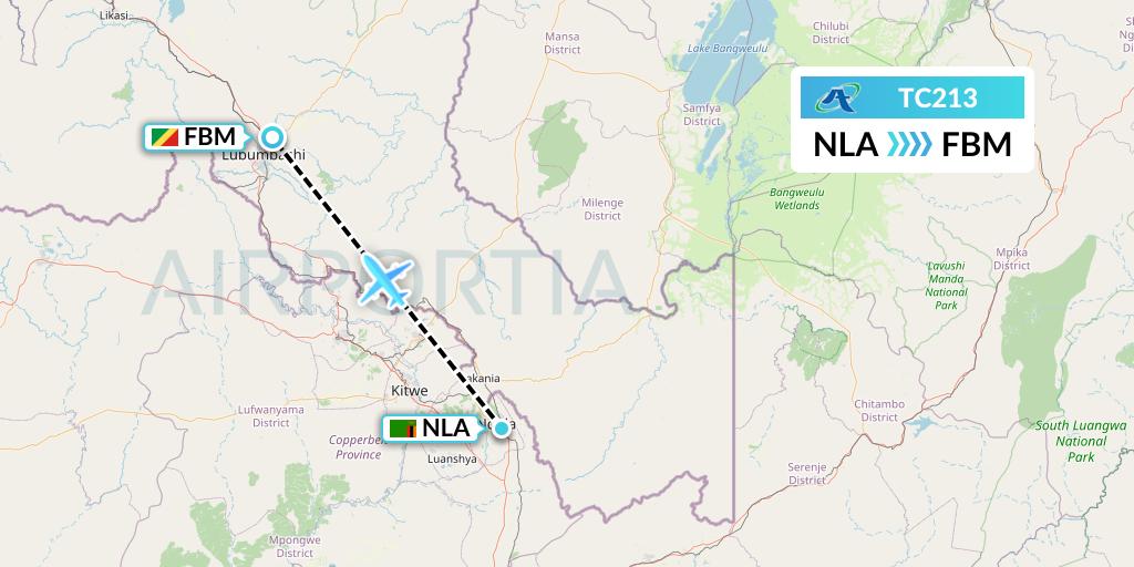 TC213 Air Tanzania Flight Map: Ndola to Lubumbashi