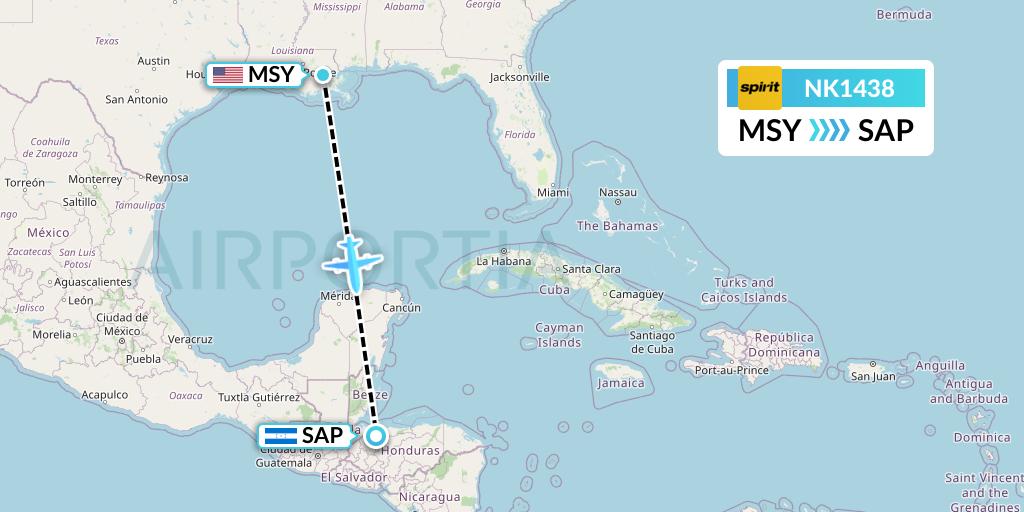 NK1438 Spirit Airlines Flight Map: New Orleans to San Pedro Sula