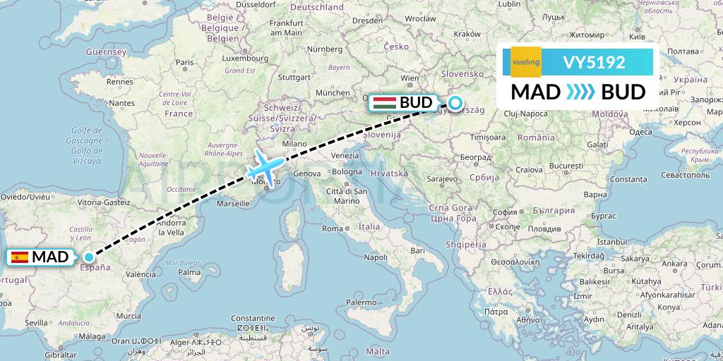 VY5192 Vueling Flight Map: Madrid to Budapest