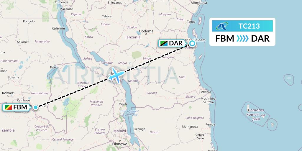 TC213 Air Tanzania Flight Map: Lubumbashi to Dar-es-Salaam