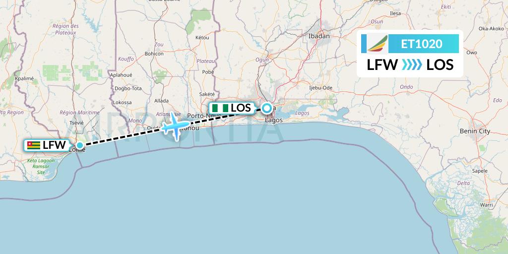 ET1020 Ethiopian Airlines Flight Map: Lome to Lagos