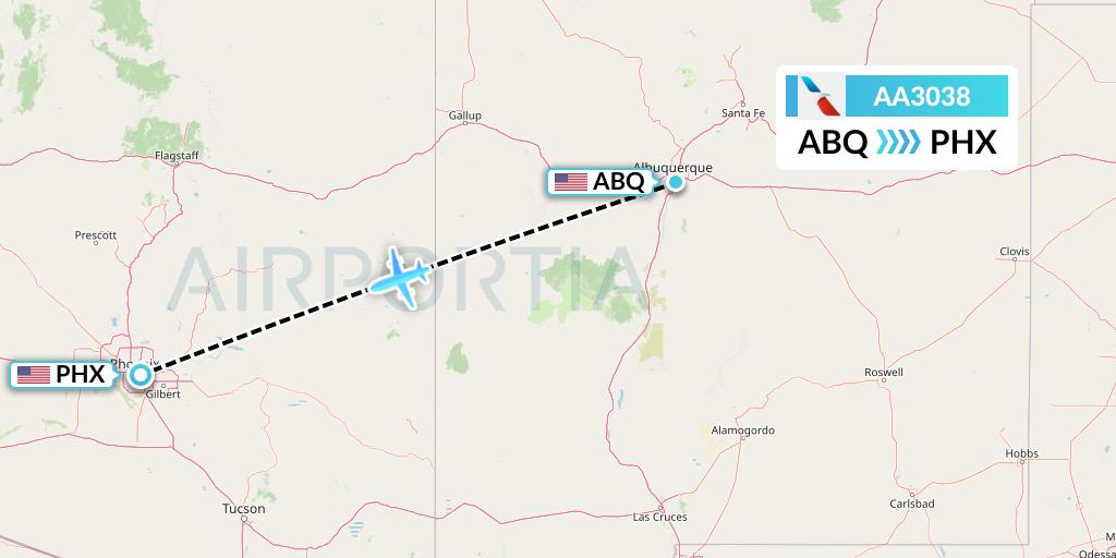 AA3038 American Airlines Flight Map: Albuquerque to Phoenix
