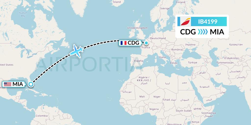 IB4199 Iberia Flight Map: Paris to Miami