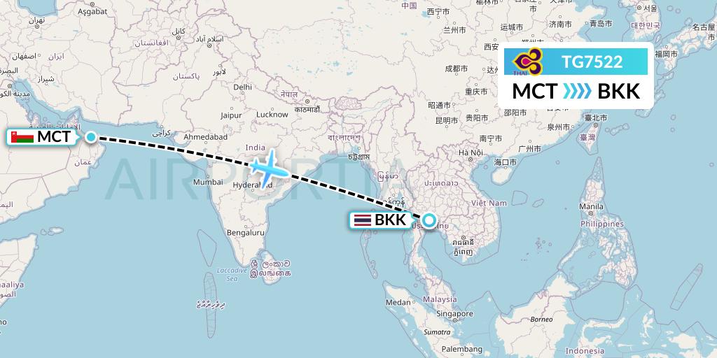 TG7522 Thai Airways Flight Map: Muscat to Bangkok