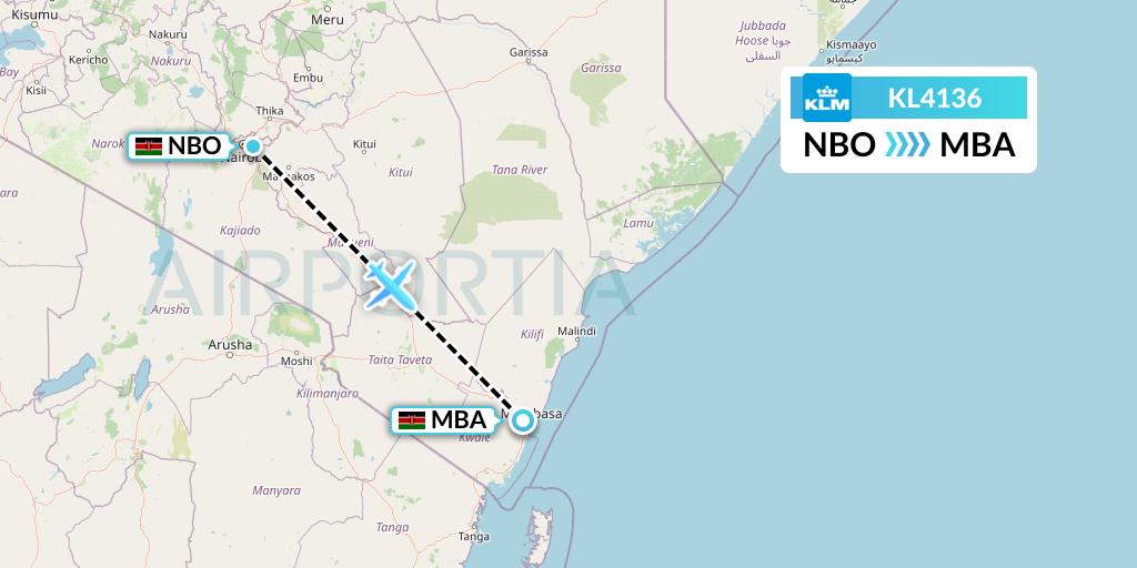 KL4136 KLM Flight Map: Nairobi to Mombasa