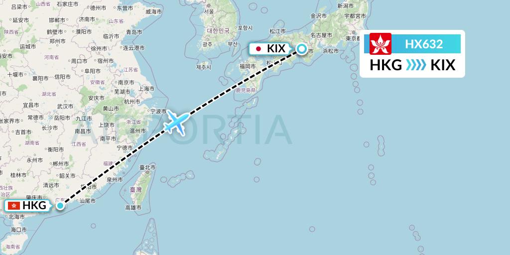 HX632 Hong Kong Airlines Flight Map: Hong Kong to Osaka
