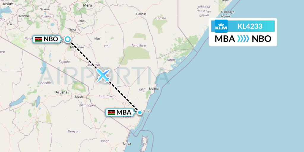 KL4233 KLM Flight Map: Mombasa to Nairobi