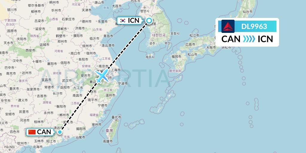 DL9963 Delta Air Lines Flight Map: Guangzhou to Seoul