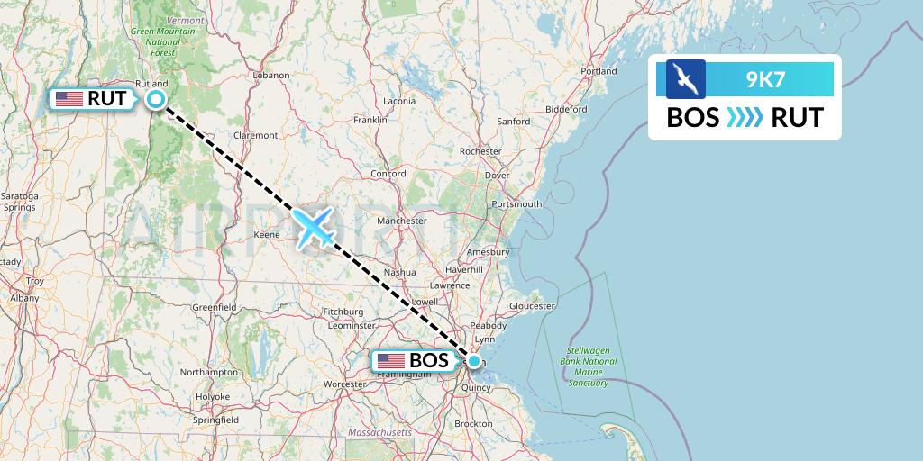9K7 Cape Air Flight Map: Boston to Rutland