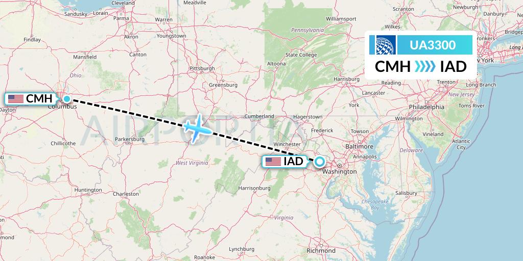 UA3300 United Airlines Flight Map: Columbus to Washington