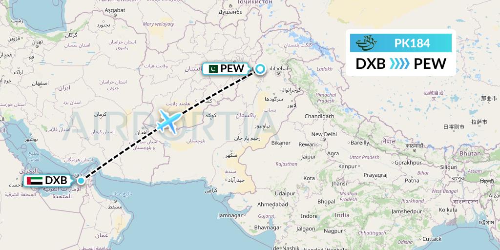 PK184 Pakistan International Airlines Flight Map: Dubai to Peshawar