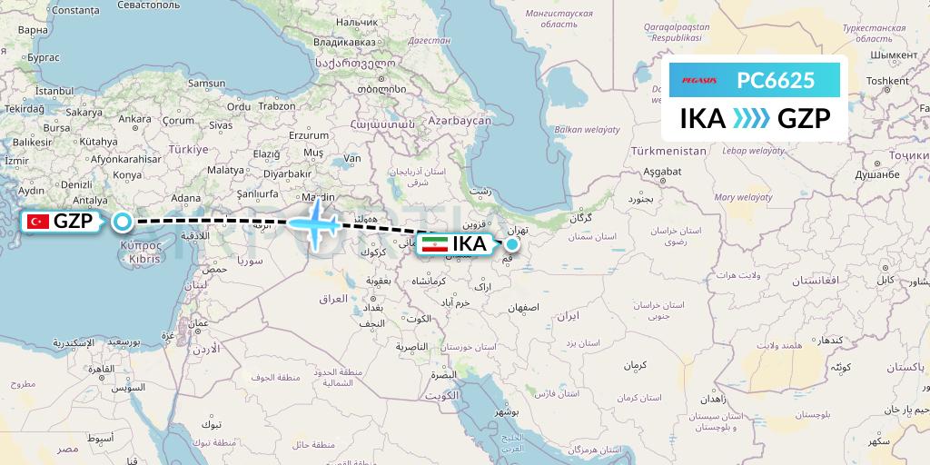 PC6625 Pegasus Airlines Flight Map: Tehran to Gazipasa