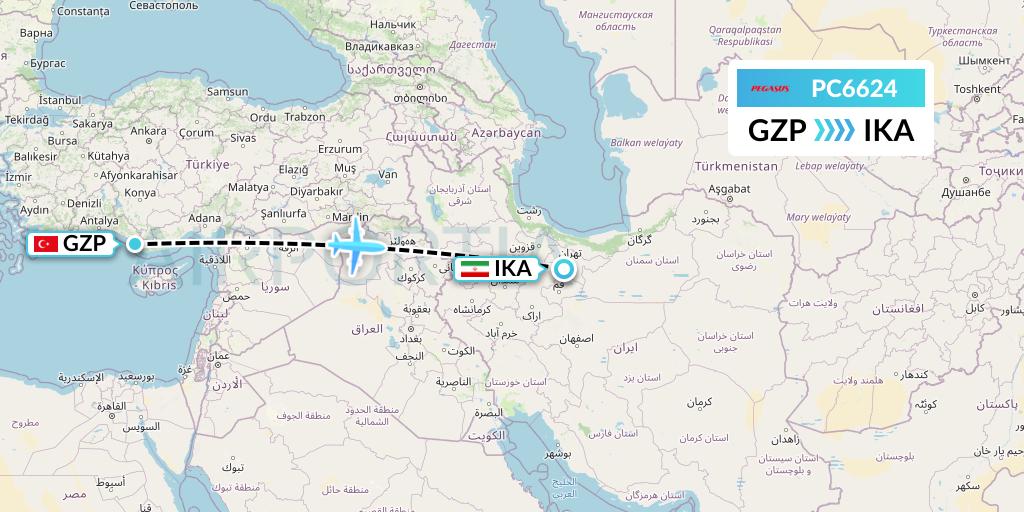 PC6624 Pegasus Airlines Flight Map: Gazipasa to Tehran