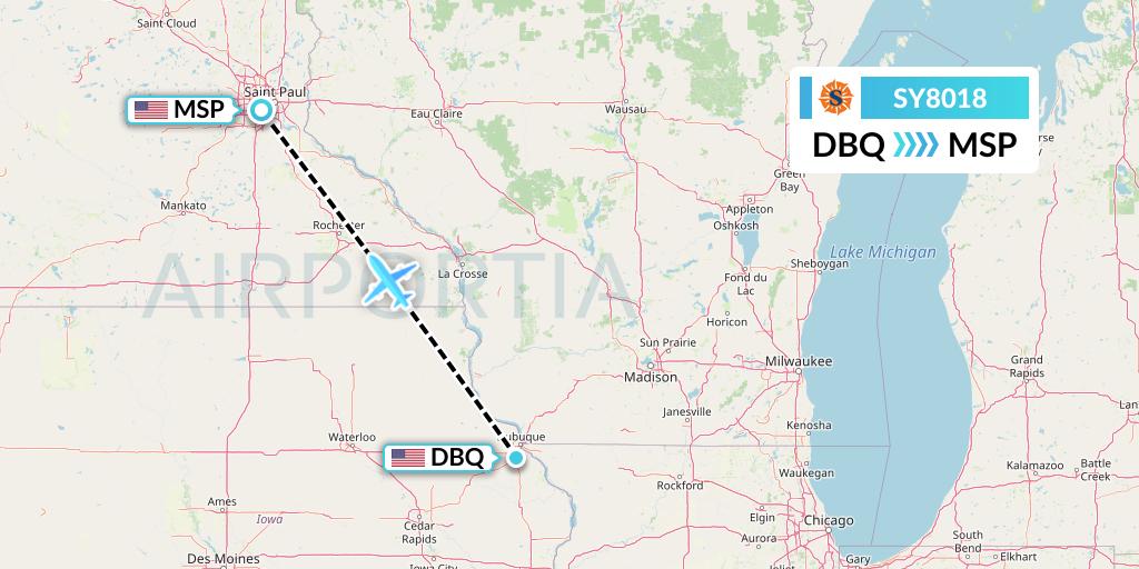 SY8018 Sun Country Airlines Flight Map: Dubuque to Minneapolis