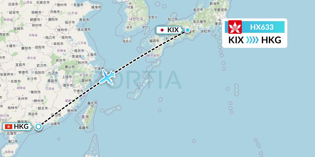 HX633 Hong Kong Airlines Flight Map: Osaka to Hong Kong