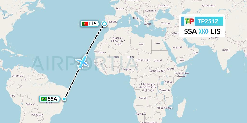 TP2512 TAP Portugal Flight Map: Salvador to Lisbon