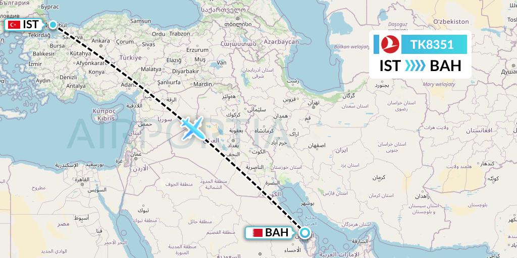 TK8351 Turkish Airlines Flight Map: Istanbul to Bahrain