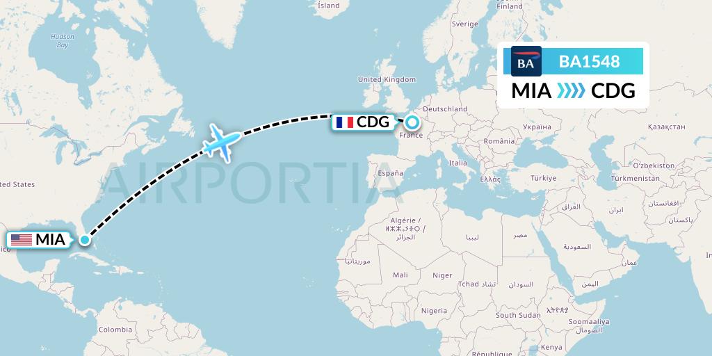 BA1548 British Airways Flight Map: Miami to Paris