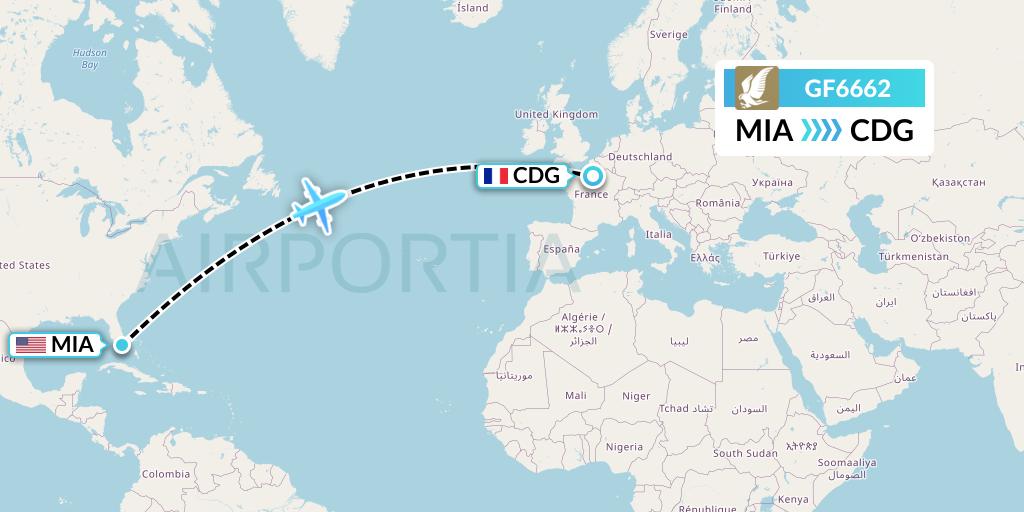 GF6662 Gulf Air Flight Map: Miami to Paris