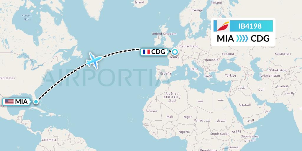 IB4198 Iberia Flight Map: Miami to Paris