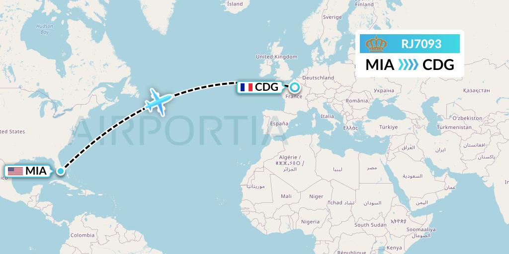 RJ7093 Royal Jordanian Flight Map: Miami to Paris