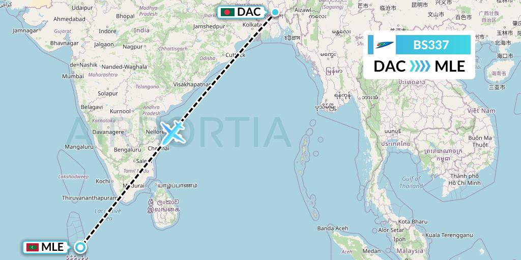 BS337 US-Bangla Airlines Flight Map: Dhaka to Male