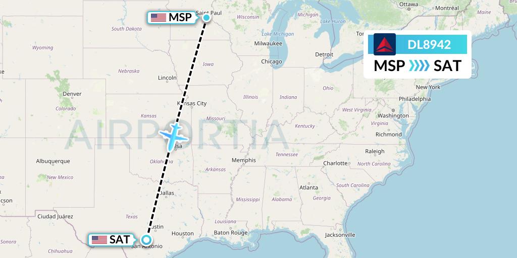DL8942 Delta Air Lines Flight Map: Minneapolis to San Antonio