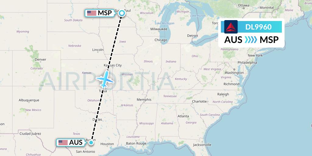 DL9960 Delta Air Lines Flight Map: Austin to Minneapolis
