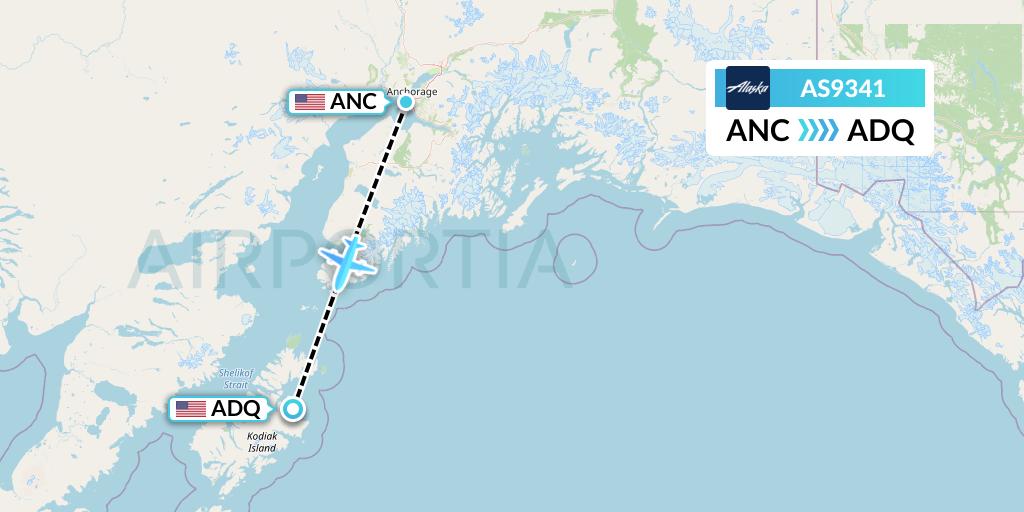 AS9341 Alaska Airlines Flight Map: Anchorage to Kodiak