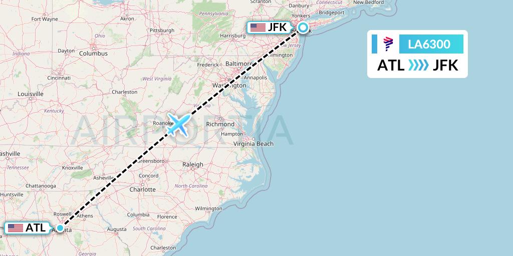 LA6300 LAN Airlines Flight Map: Atlanta to New York