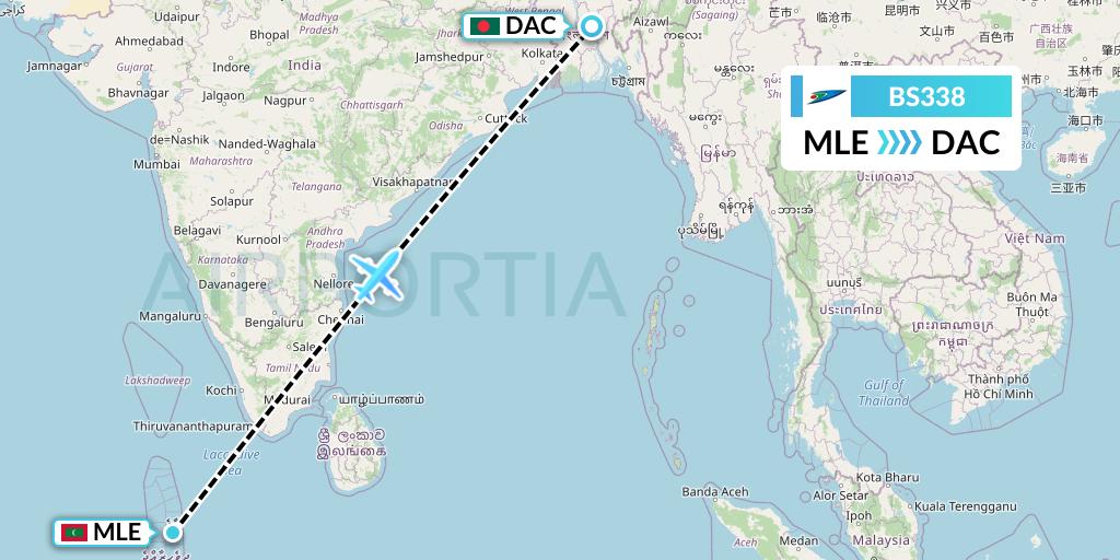 BS338 US-Bangla Airlines Flight Map: Male to Dhaka
