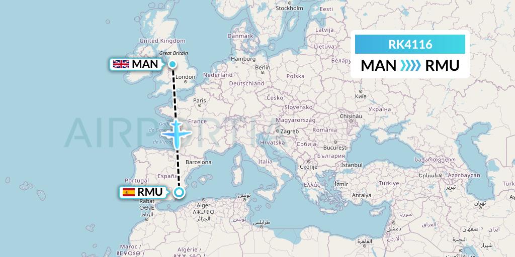 RK4116 Ryanair UK Flight Map: Manchester to Murcia