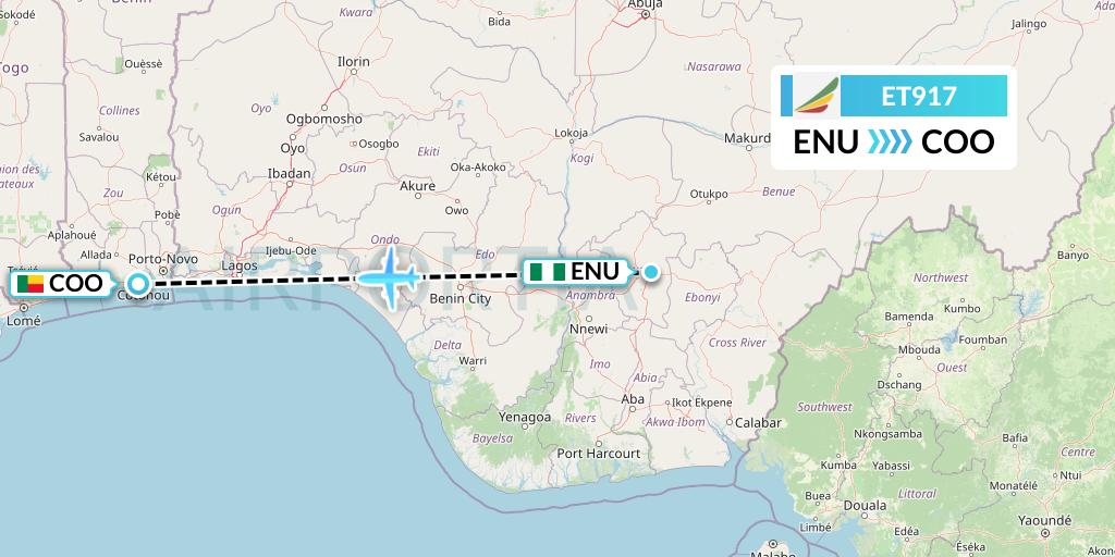 ET917 Ethiopian Airlines Flight Map: Enugu to Cotonou