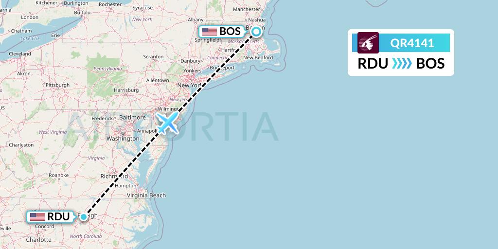 QR4141 Qatar Airways Flight Map: Raleigh-Durham to Boston