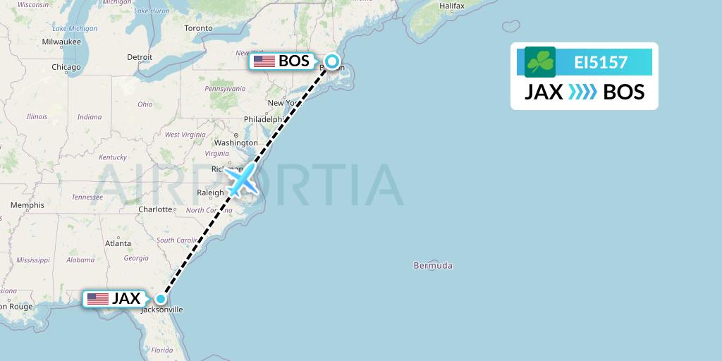 EI5157 Aer Lingus Flight Map: Jacksonville to Boston