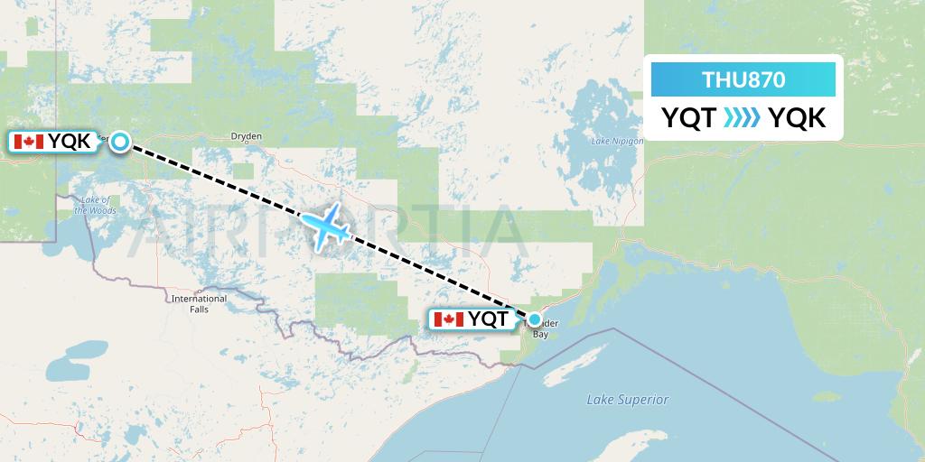 THU870 Thunder Airlines Flight Map: Thunder Bay to Kenora