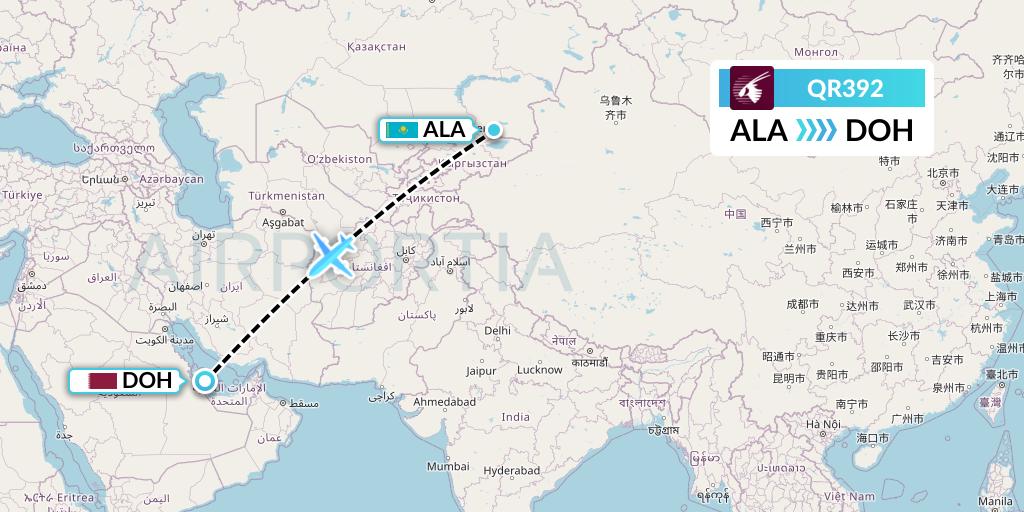 QR392 Qatar Airways Flight Map: Almaty to Doha