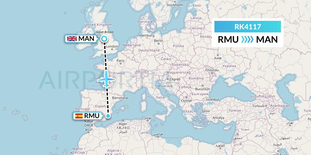 RK4117 Ryanair UK Flight Map: Murcia to Manchester