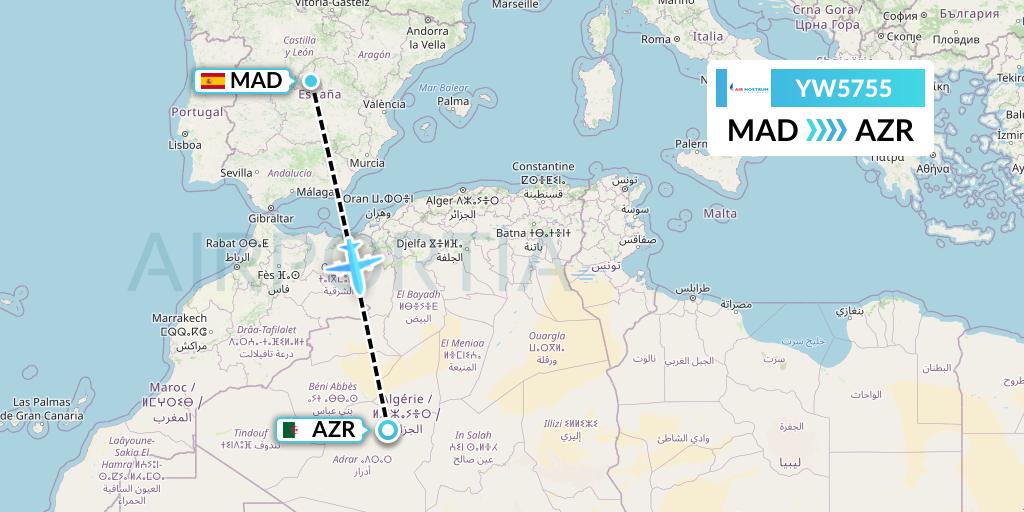 YW5755 Air Nostrum Flight Map: Madrid to Adrar