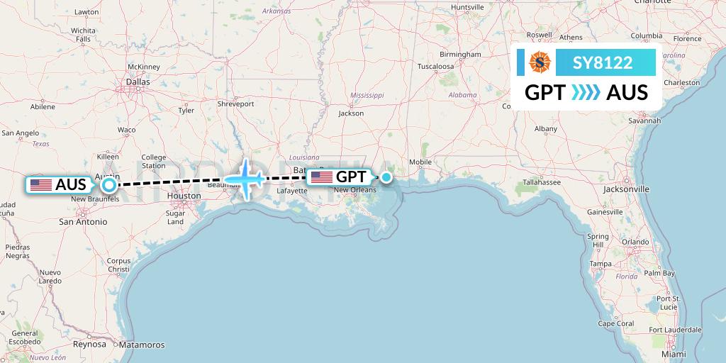 SY8122 Sun Country Airlines Flight Map: Gulfport to Austin
