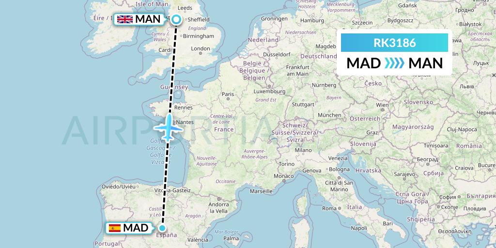 RK3186 Ryanair UK Flight Map: Madrid to Manchester